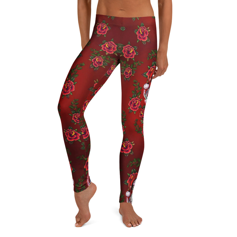 Personalisierte Damen Sportleggings Rosen Totenkopf Design Rot Fitness Leggings Weihnachts-Stil H176