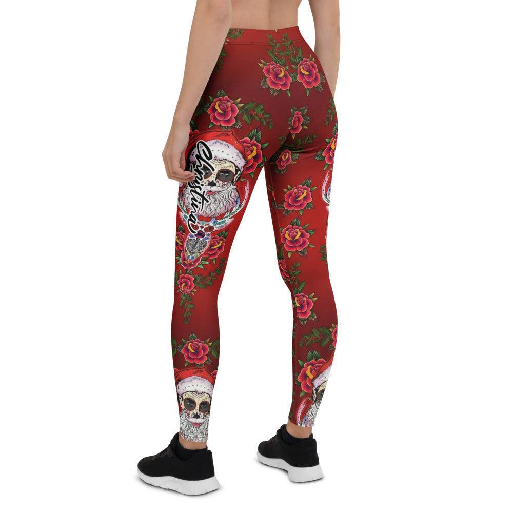 Personalisierte Damen Sportleggings Rosen Totenkopf Design Rot Fitness Leggings Weihnachts-Stil H176