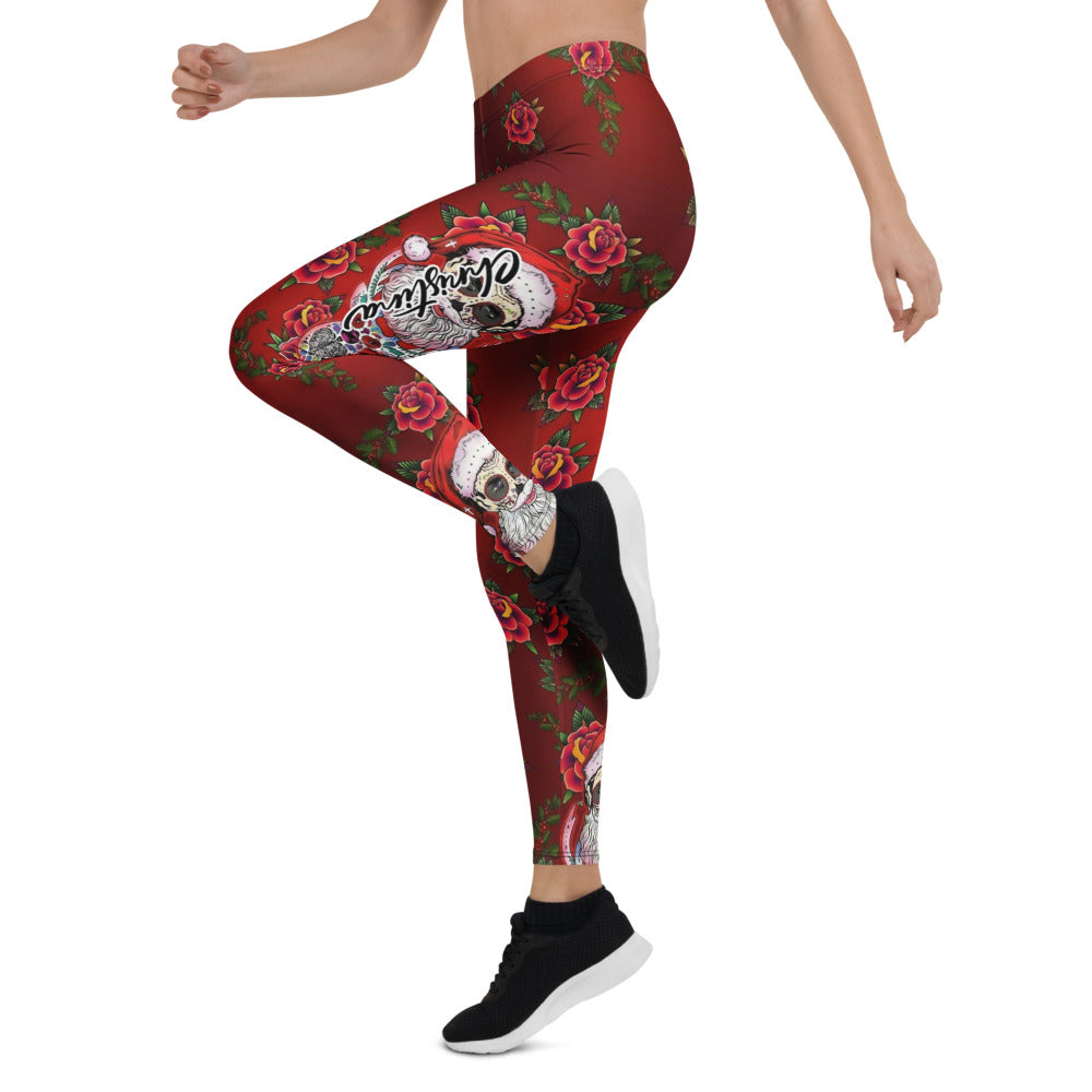 Personalisierte Damen Sportleggings Rosen Totenkopf Design Rot Fitness Leggings Weihnachts-Stil H176