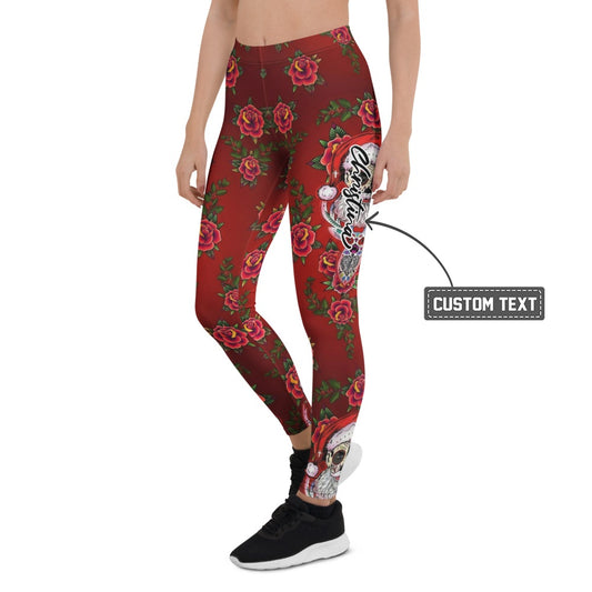 Personalisierte Damen Sportleggings Rosen Totenkopf Design Rot Fitness Leggings Weihnachts-Stil H176 - XL