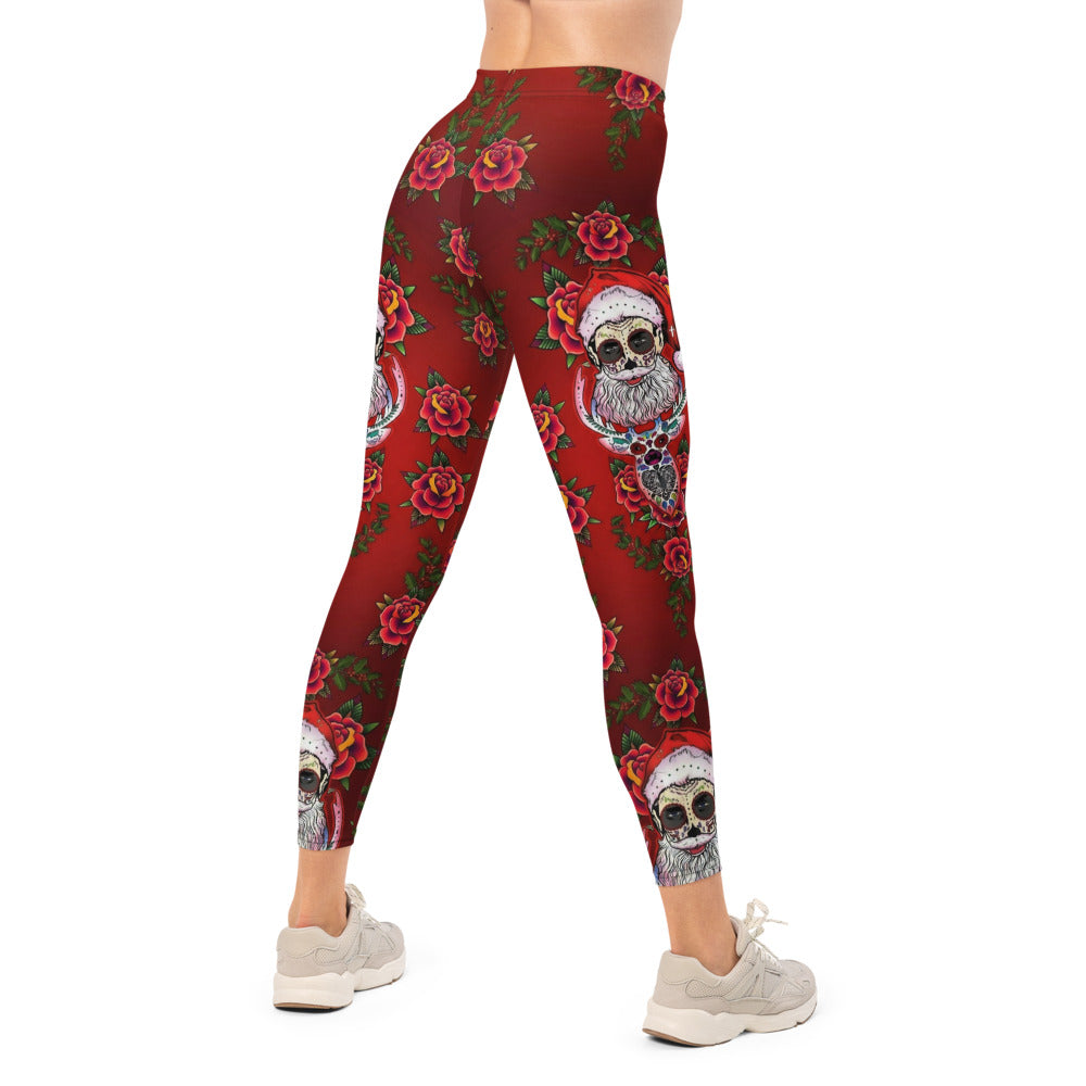 Personalisierte Damen Sportleggings Rosen Totenkopf Design Rot Fitness Leggings Weihnachts-Stil H176