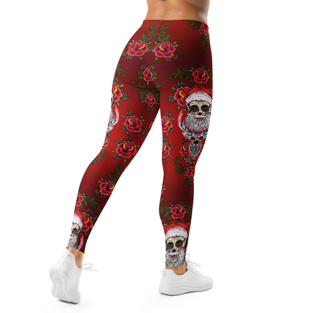 Personalisierte Damen Sportleggings Rosen Totenkopf Design Rot Fitness Leggings Weihnachts-Stil H176