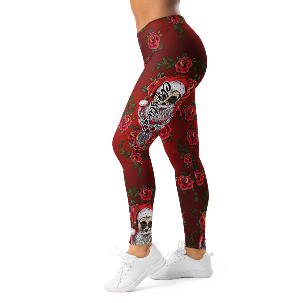 Personalisierte Damen Sportleggings Rosen Totenkopf Design Rot Fitness Leggings Weihnachts-Stil H176