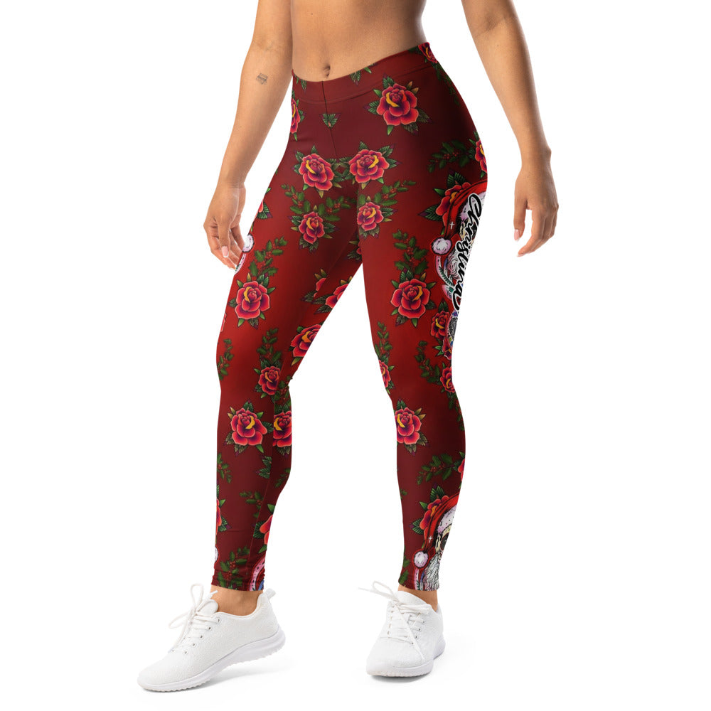 Personalisierte Damen Sportleggings Rosen Totenkopf Design Rot Fitness Leggings Weihnachts-Stil H176