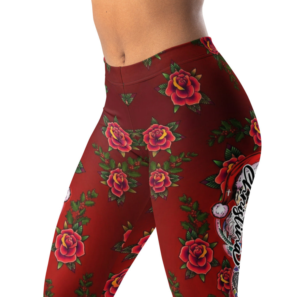 Personalisierte Damen Sportleggings Rosen Totenkopf Design Rot Fitness Leggings Weihnachts-Stil H176