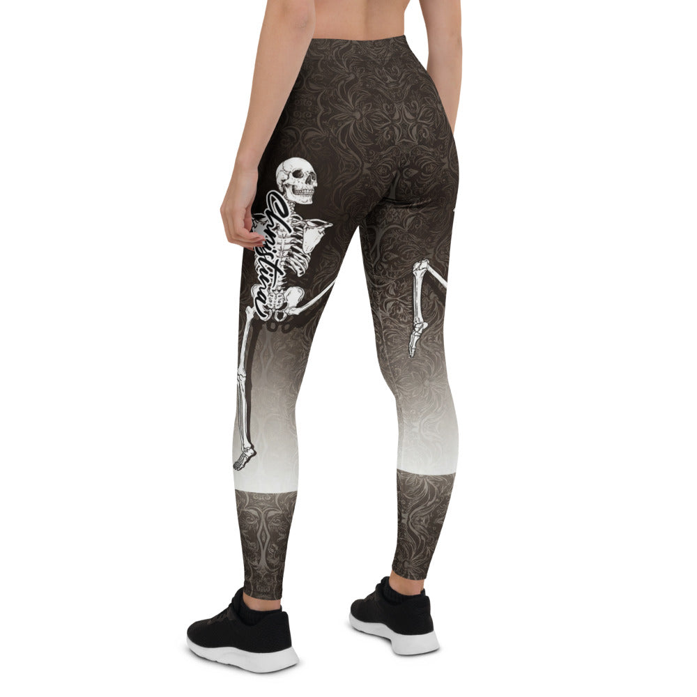 Personalisierte Damen Sportleggings Skelett Design Schwarz Grau Ornament Muster Fitness Leggings T381
