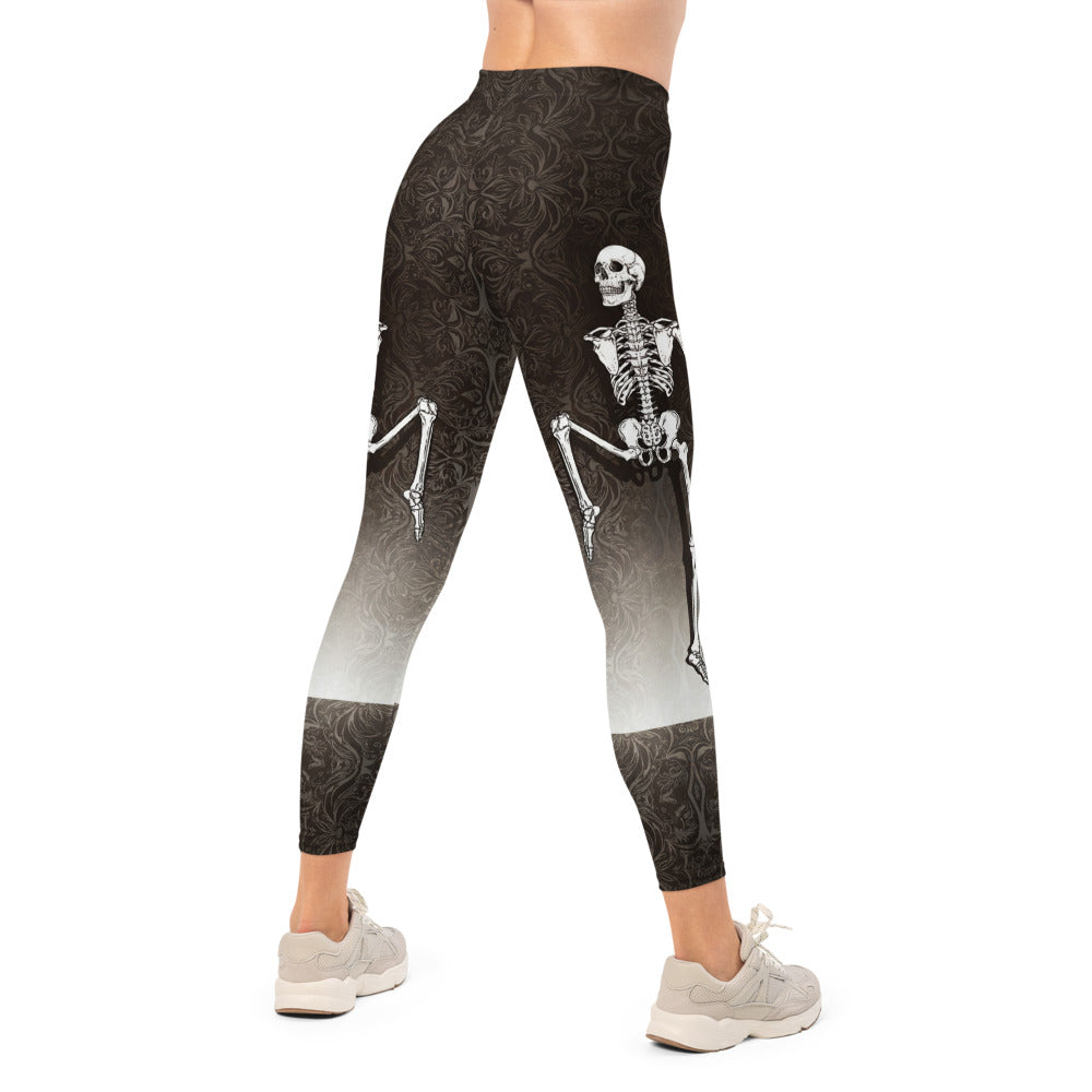 Personalisierte Damen Sportleggings Skelett Design Schwarz Grau Ornament Muster Fitness Leggings T381