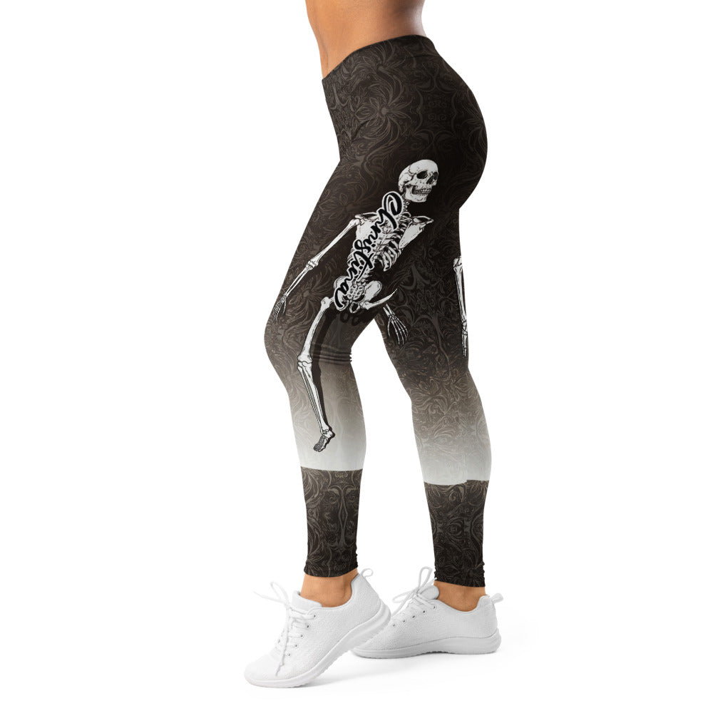 Personalisierte Damen Sportleggings Skelett Design Schwarz Grau Ornament Muster Fitness Leggings T381