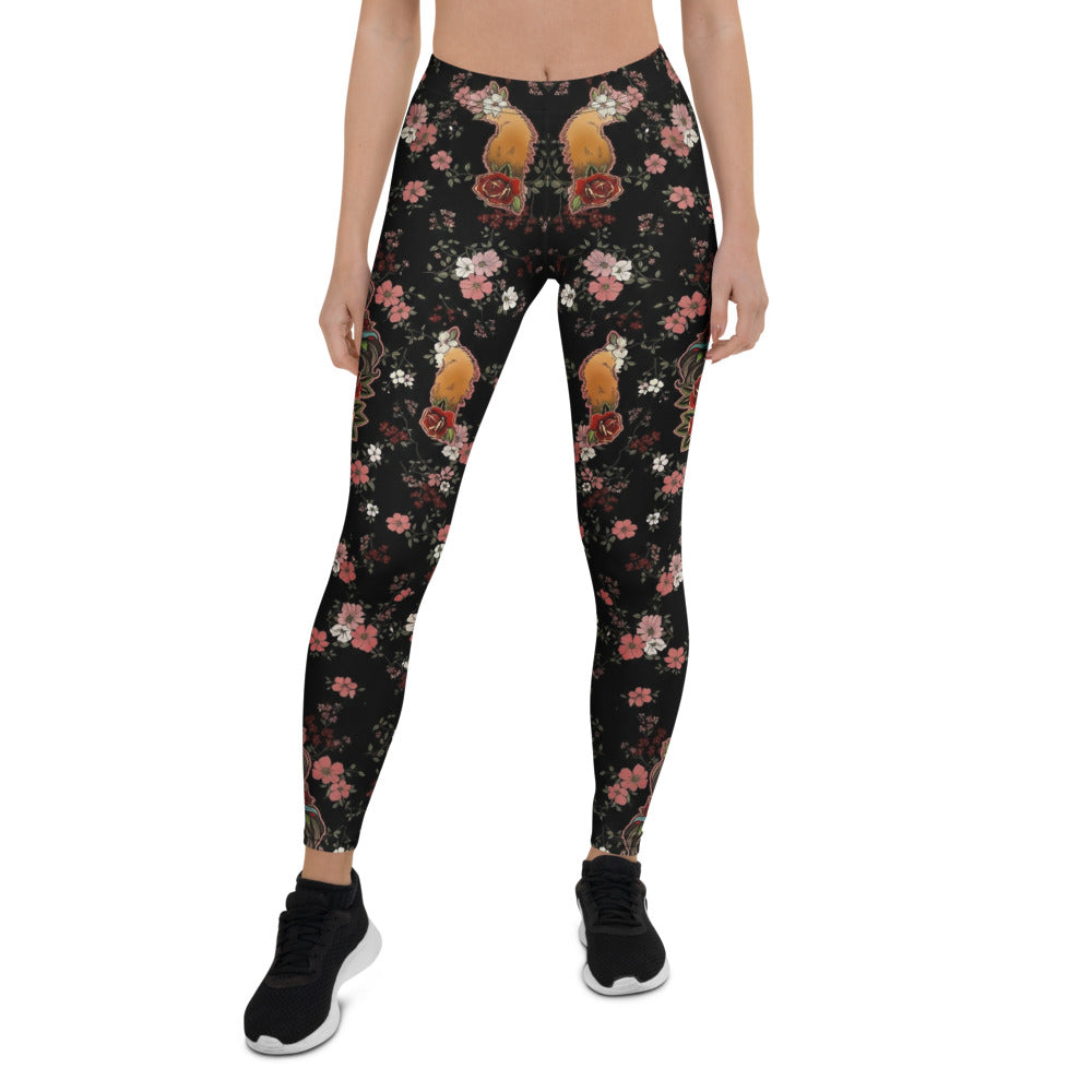 Personalisierte Damen Sportleggings Blumenmuster Schwarz Rosa Fitness Leggings Yoga Hose Floral Print Q590