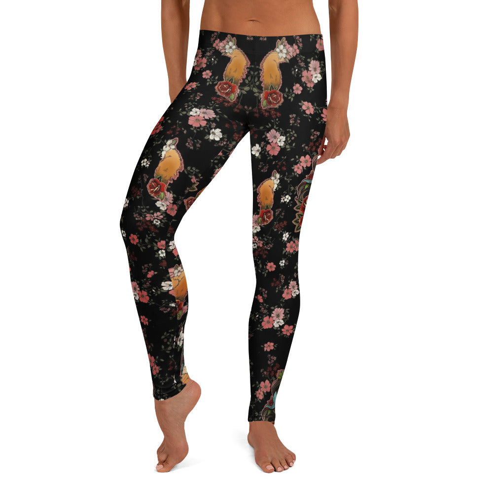 Personalisierte Damen Sportleggings Blumenmuster Schwarz Rosa Fitness Leggings Yoga Hose Floral Print Q590