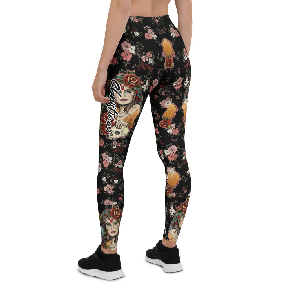 Personalisierte Damen Sportleggings Blumenmuster Schwarz Rosa Fitness Leggings Yoga Hose Floral Print Q590