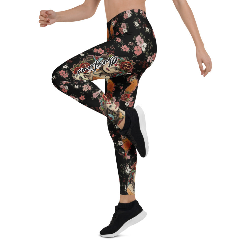 Personalisierte Damen Sportleggings Blumenmuster Schwarz Rosa Fitness Leggings Yoga Hose Floral Print Q590