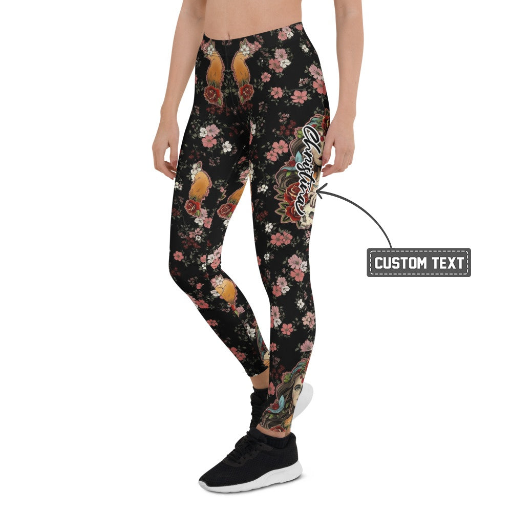 Personalisierte Damen Sportleggings Blumenmuster Schwarz Rosa Fitness Leggings Yoga Hose Floral Print Q590 - XL