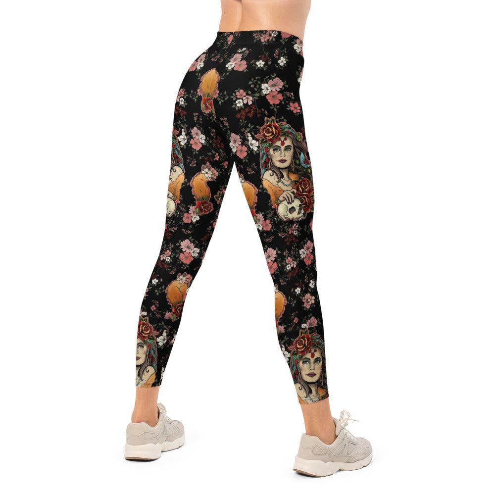 Personalisierte Damen Sportleggings Blumenmuster Schwarz Rosa Fitness Leggings Yoga Hose Floral Print Q590