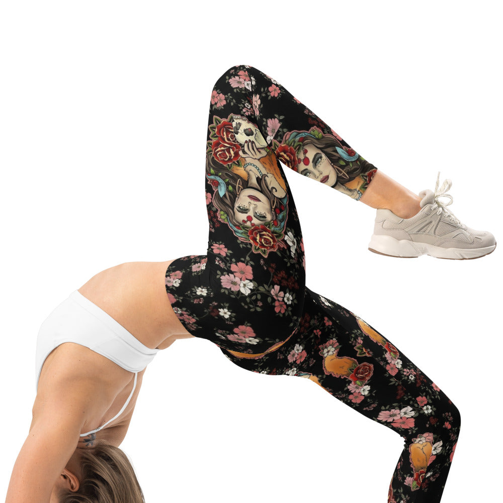 Personalisierte Damen Sportleggings Blumenmuster Schwarz Rosa Fitness Leggings Yoga Hose Floral Print Q590