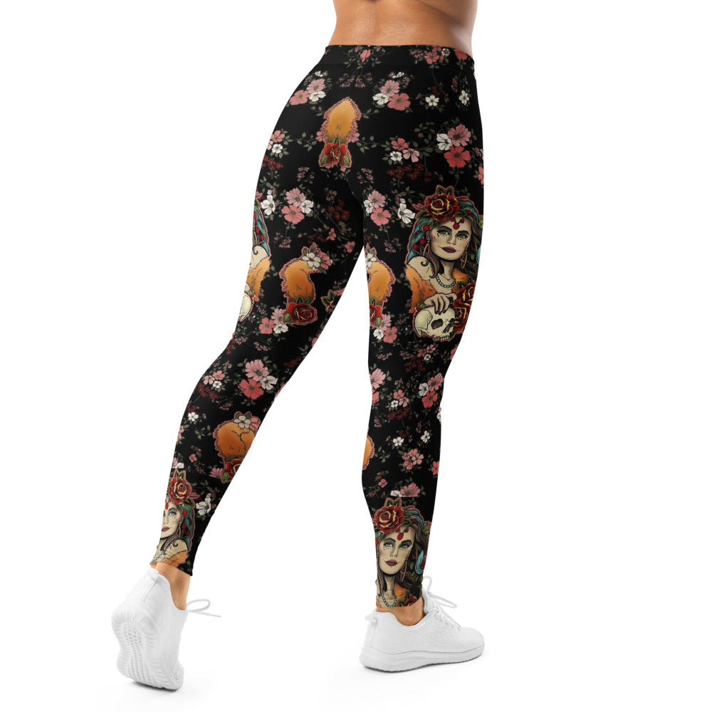 Personalisierte Damen Sportleggings Blumenmuster Schwarz Rosa Fitness Leggings Yoga Hose Floral Print Q590