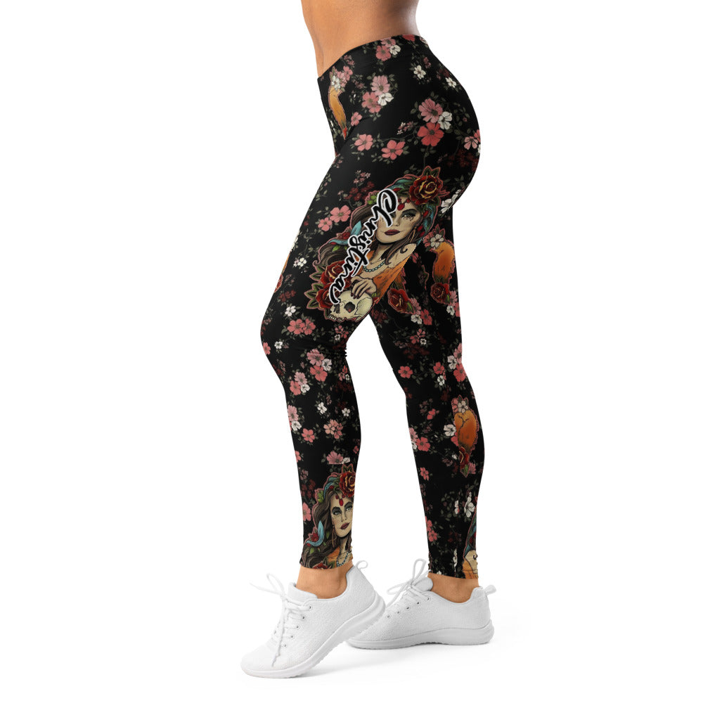 Personalisierte Damen Sportleggings Blumenmuster Schwarz Rosa Fitness Leggings Yoga Hose Floral Print Q590
