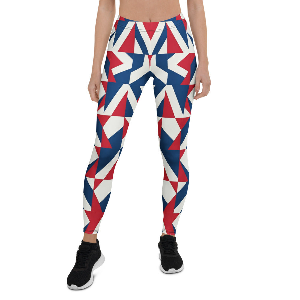 Personalisierte Damen Sportleggings Geometrisches Muster Blau Rot Weiß Fitness Leggings Yoga Hose Abstraktes Design K651