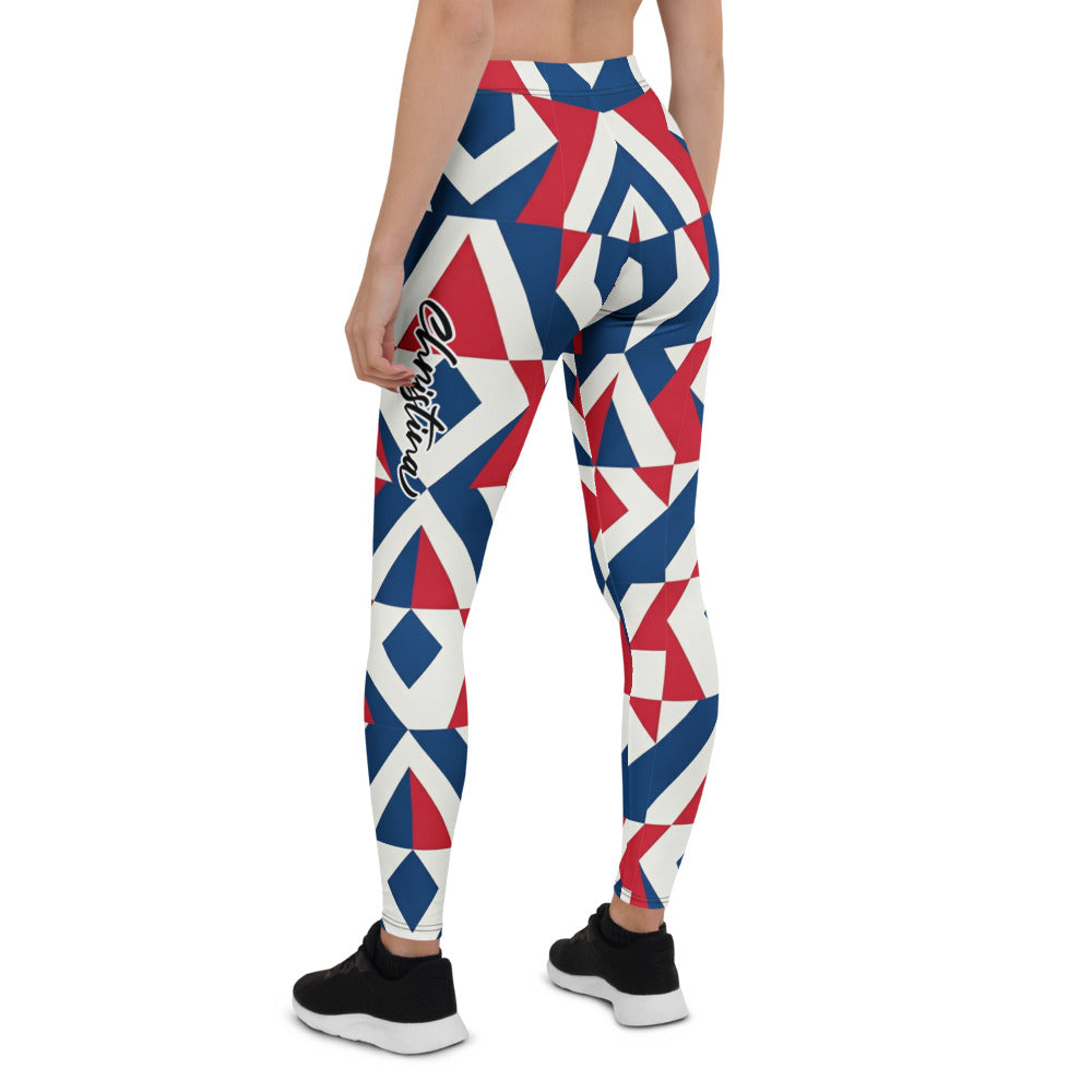 Personalisierte Damen Sportleggings Geometrisches Muster Blau Rot Weiß Fitness Leggings Yoga Hose Abstraktes Design K651