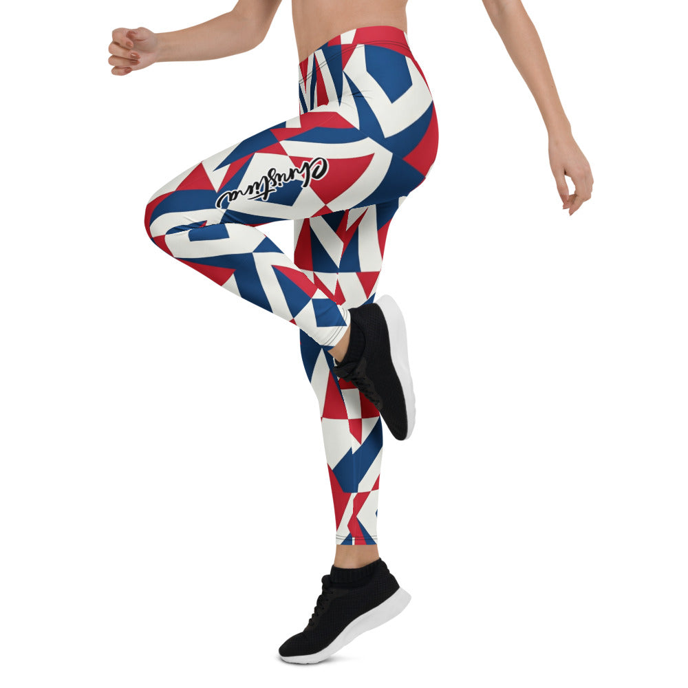 Personalisierte Damen Sportleggings Geometrisches Muster Blau Rot Weiß Fitness Leggings Yoga Hose Abstraktes Design K651