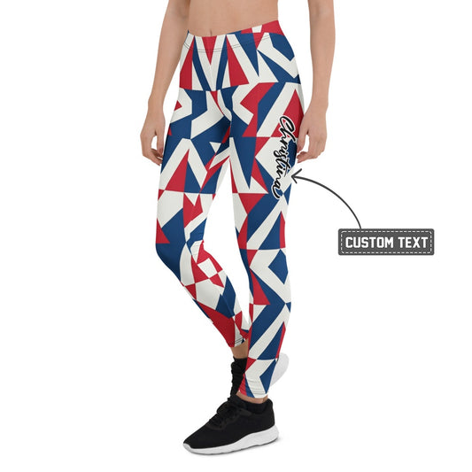 Personalisierte Damen Sportleggings Geometrisches Muster Blau Rot Weiß Fitness Leggings Yoga Hose Abstraktes Design K651 - XL