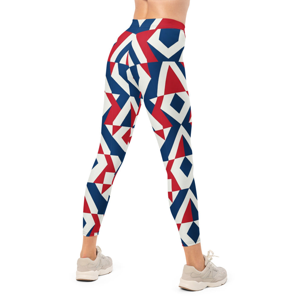 Personalisierte Damen Sportleggings Geometrisches Muster Blau Rot Weiß Fitness Leggings Yoga Hose Abstraktes Design K651