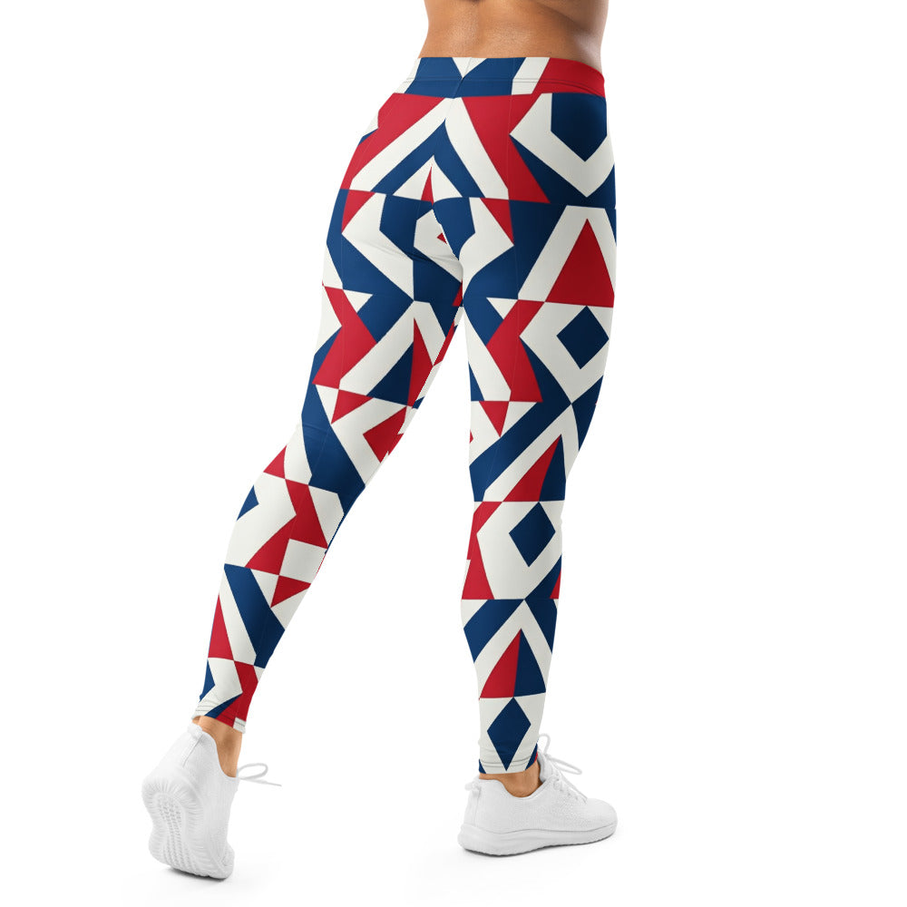 Personalisierte Damen Sportleggings Geometrisches Muster Blau Rot Weiß Fitness Leggings Yoga Hose Abstraktes Design K651