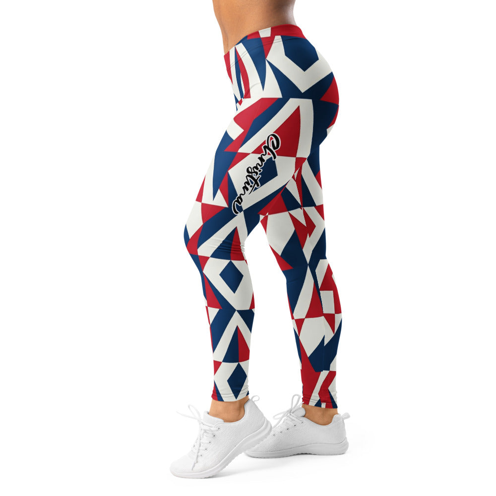 Personalisierte Damen Sportleggings Geometrisches Muster Blau Rot Weiß Fitness Leggings Yoga Hose Abstraktes Design K651