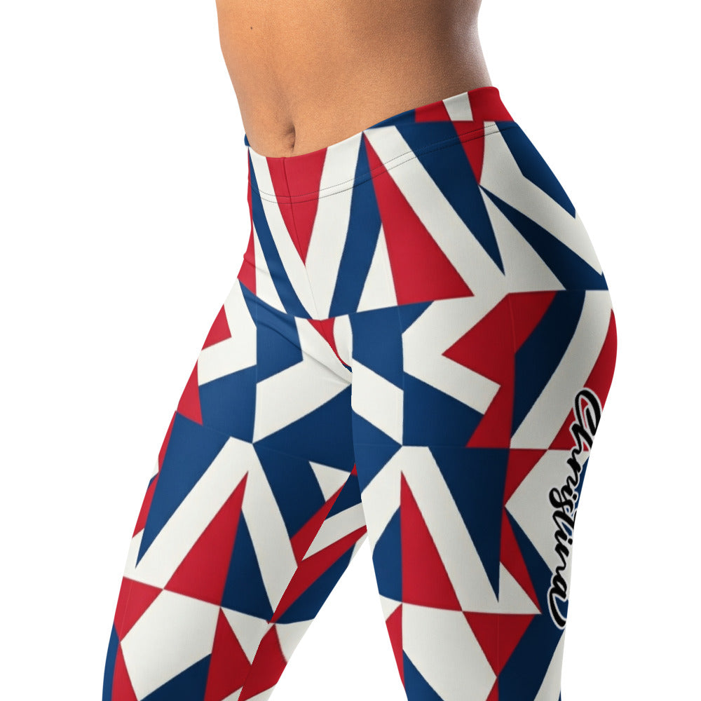 Personalisierte Damen Sportleggings Geometrisches Muster Blau Rot Weiß Fitness Leggings Yoga Hose Abstraktes Design K651