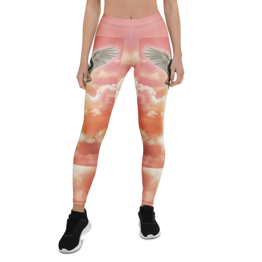 Personalisierte Sportleggings Damen Engel Flügel Motiv Wolkenhimmel Rosa Orange Fitness Yoga Leggings S281