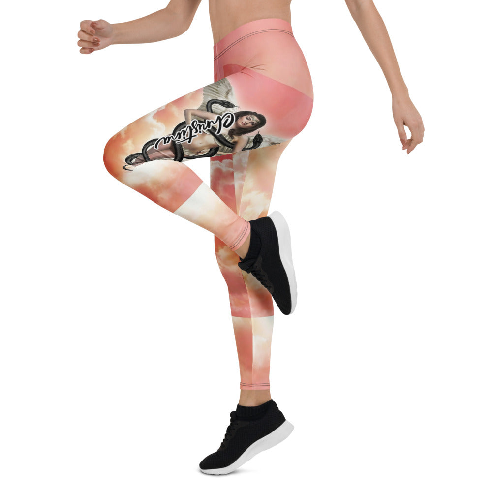 Personalisierte Sportleggings Damen Engel Flügel Motiv Wolkenhimmel Rosa Orange Fitness Yoga Leggings S281