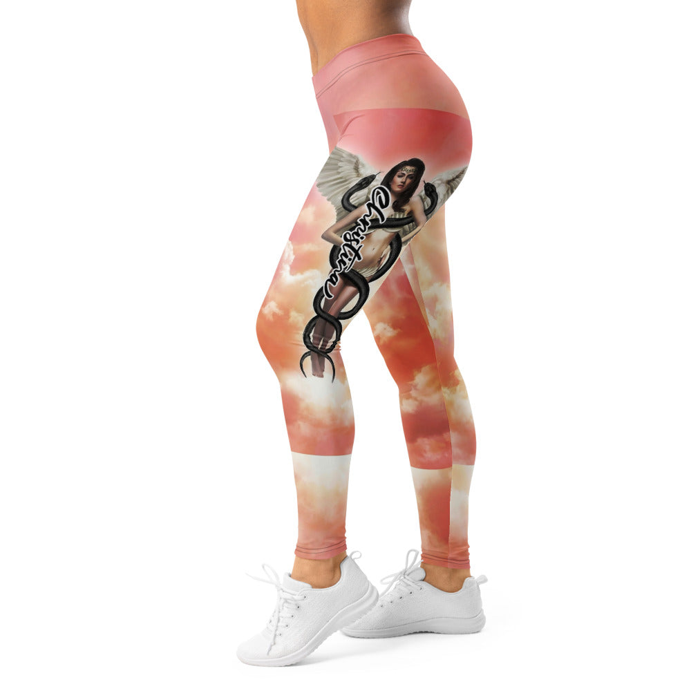 Personalisierte Sportleggings Damen Engel Flügel Motiv Wolkenhimmel Rosa Orange Fitness Yoga Leggings S281