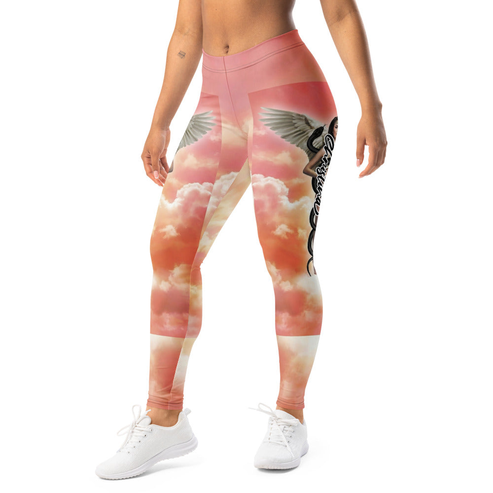 Personalisierte Sportleggings Damen Engel Flügel Motiv Wolkenhimmel Rosa Orange Fitness Yoga Leggings S281