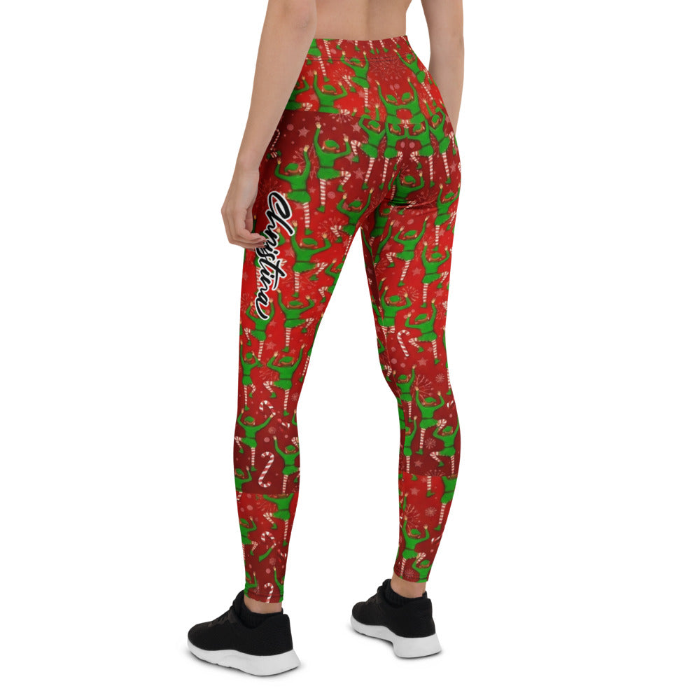 Personalisierte Damen Sportleggings Weihnachten Elfen Muster Rot Grün Fitness Leggings Q726