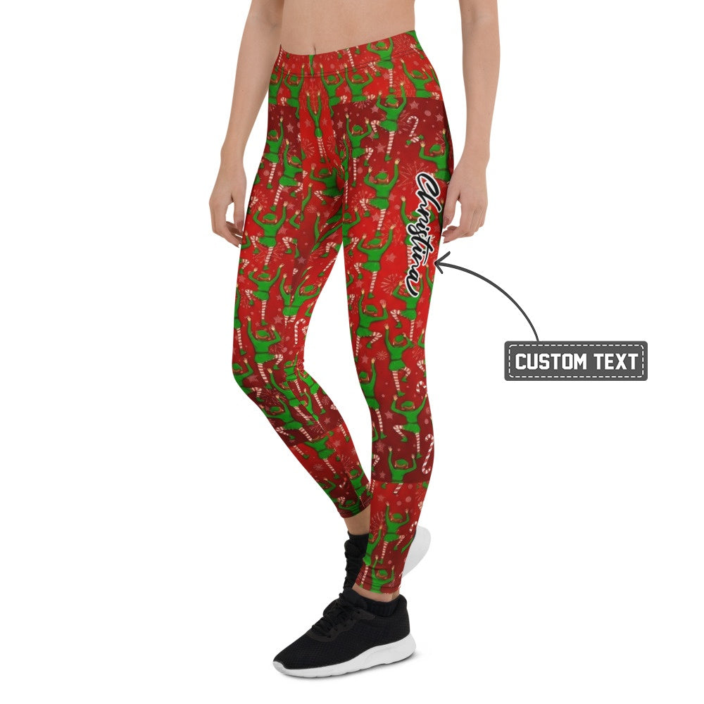 Personalisierte Damen Sportleggings Weihnachten Elfen Muster Rot Grün Fitness Leggings Q726 - XL