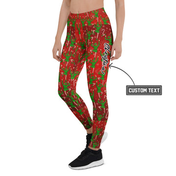 Personalisierte Damen Sportleggings Weihnachten Elfen Muster Rot Grün Fitness Leggings Q726 - XL