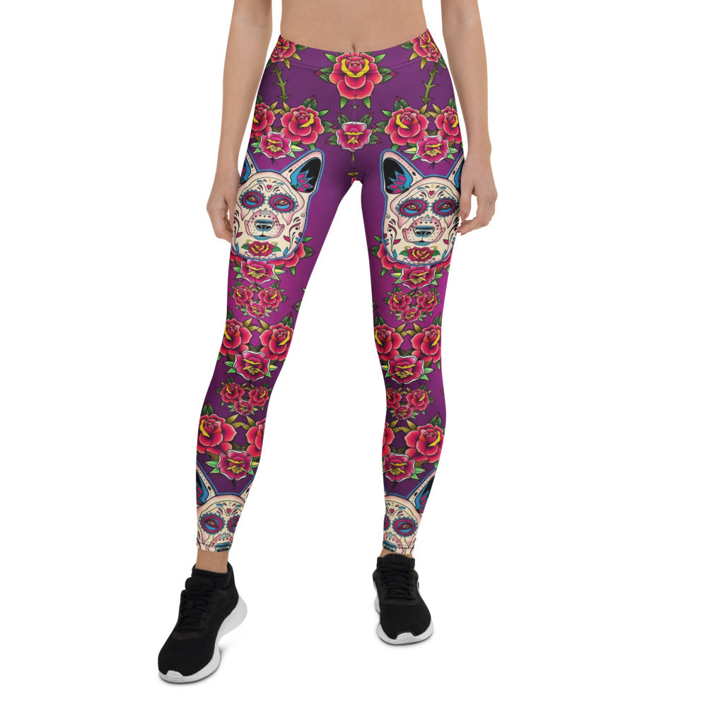 Personalisierte Sportleggings Damen Lila Sugar Skull Hunde Motiv Rosen Muster Yoga Fitness Leggings U049