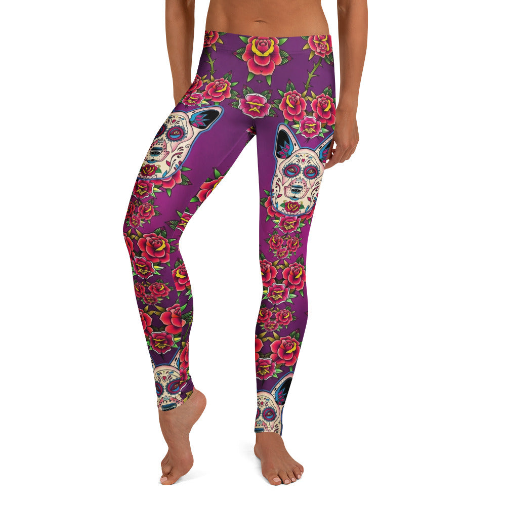 Personalisierte Sportleggings Damen Lila Sugar Skull Hunde Motiv Rosen Muster Yoga Fitness Leggings U049