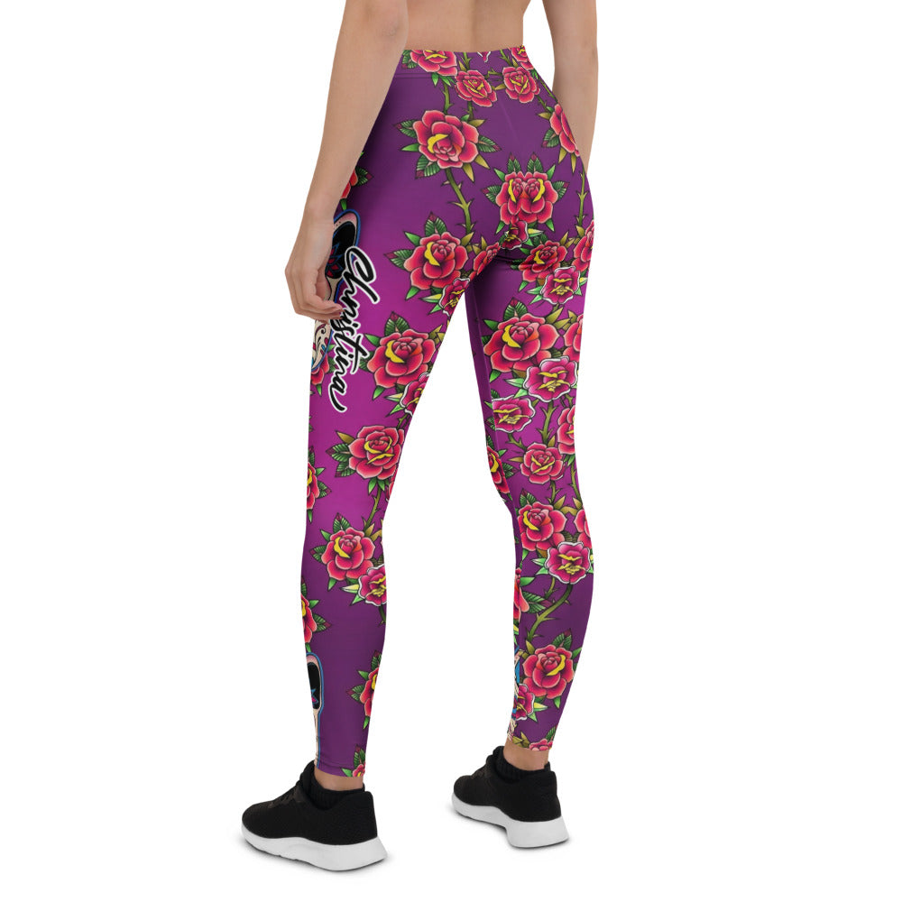 Personalisierte Sportleggings Damen Lila Sugar Skull Hunde Motiv Rosen Muster Yoga Fitness Leggings U049