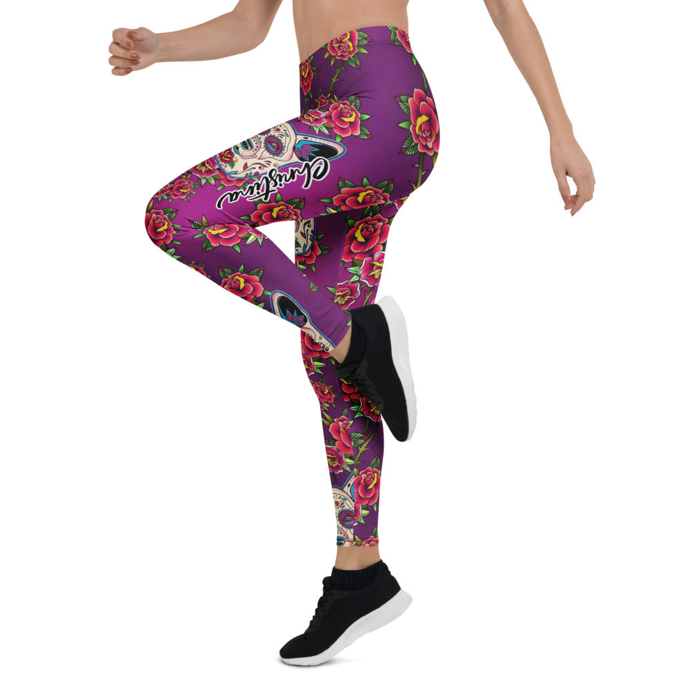 Personalisierte Sportleggings Damen Lila Sugar Skull Hunde Motiv Rosen Muster Yoga Fitness Leggings U049