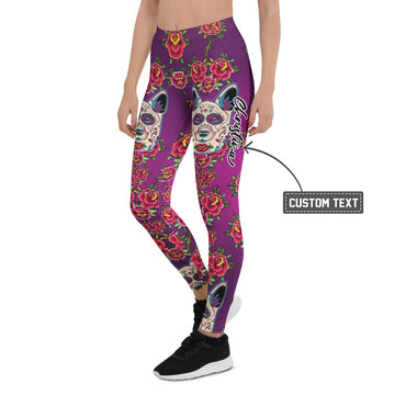 Personalisierte Sportleggings Damen Lila Sugar Skull Hunde Motiv Rosen Muster Yoga Fitness Leggings U049 - XL