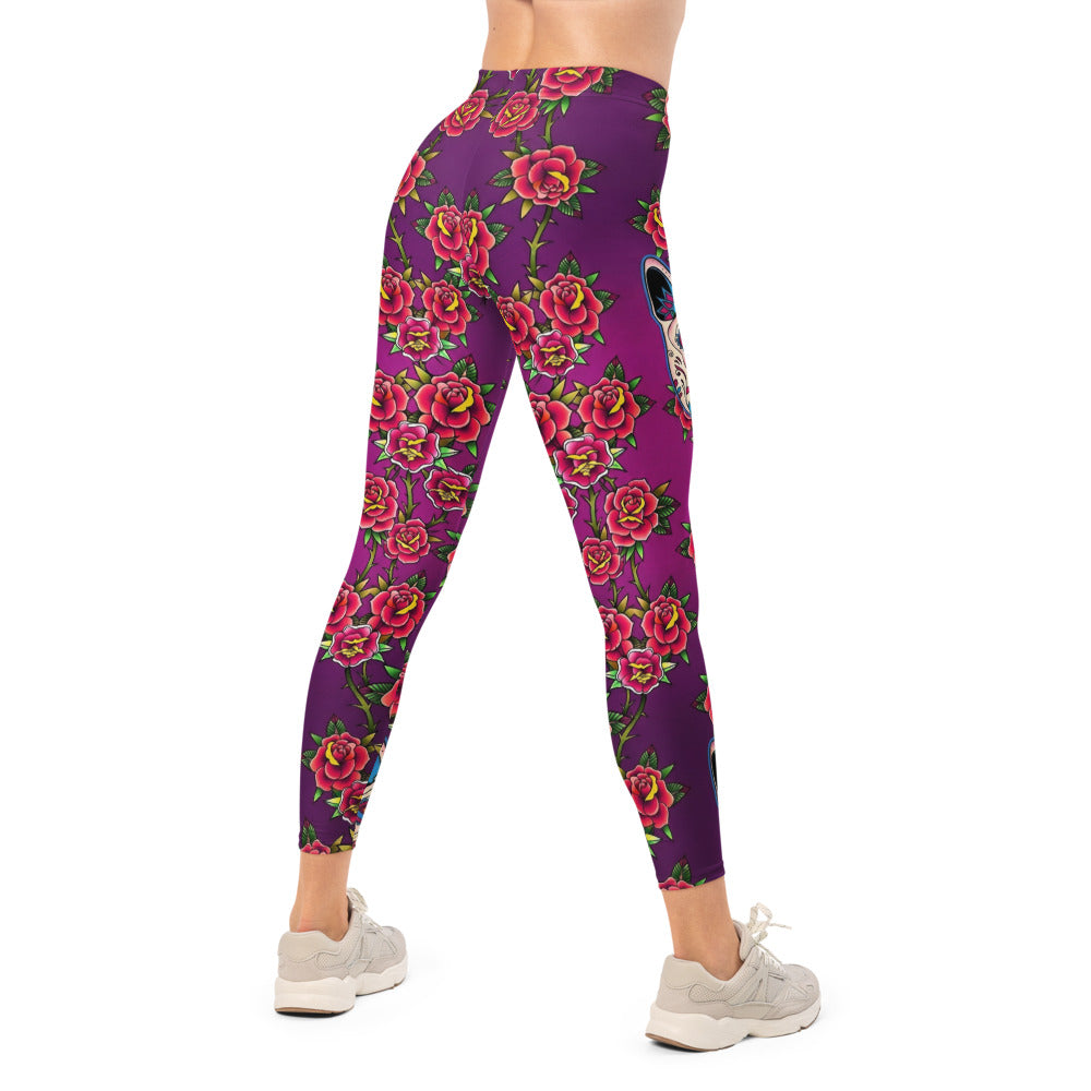 Personalisierte Sportleggings Damen Lila Sugar Skull Hunde Motiv Rosen Muster Yoga Fitness Leggings U049