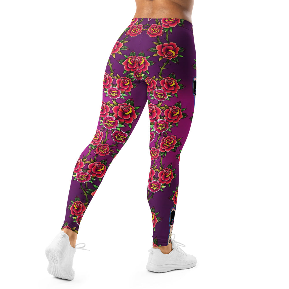 Personalisierte Sportleggings Damen Lila Sugar Skull Hunde Motiv Rosen Muster Yoga Fitness Leggings U049