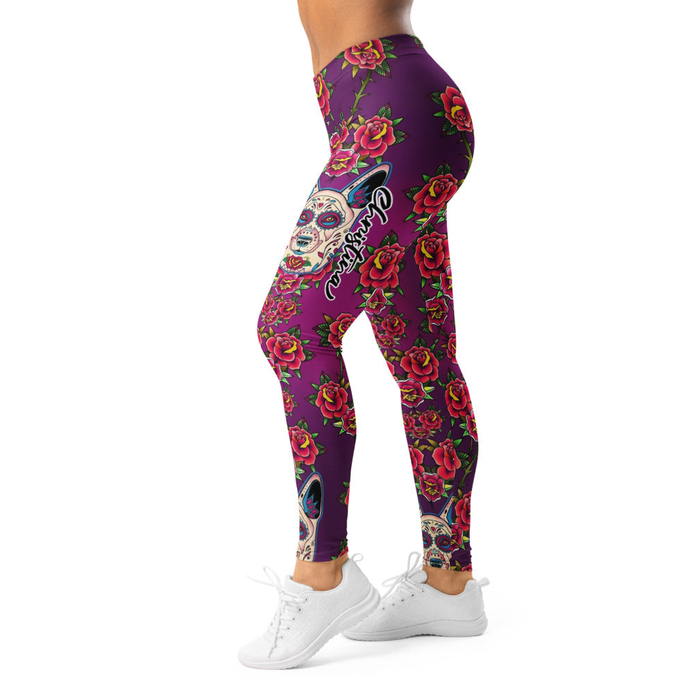 Personalisierte Sportleggings Damen Lila Sugar Skull Hunde Motiv Rosen Muster Yoga Fitness Leggings U049