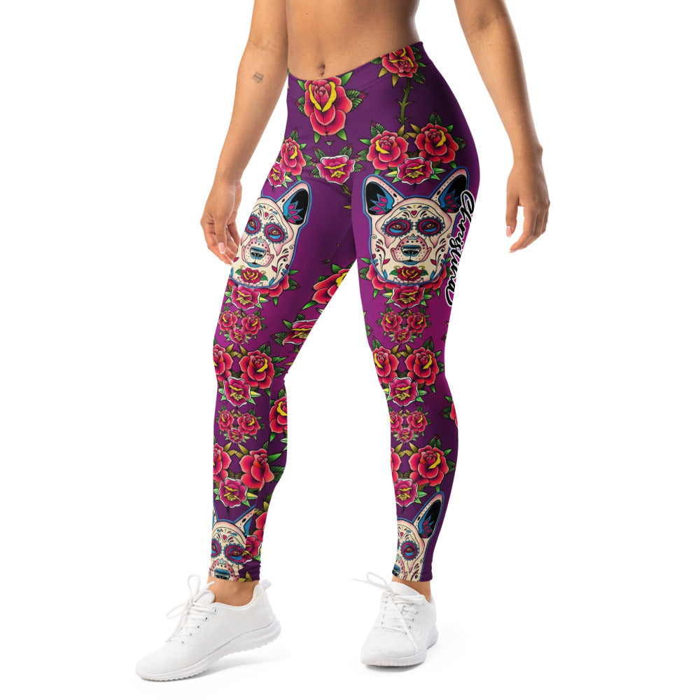 Personalisierte Sportleggings Damen Lila Sugar Skull Hunde Motiv Rosen Muster Yoga Fitness Leggings U049