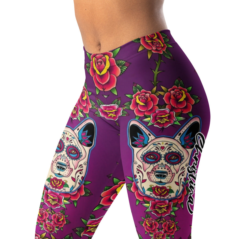 Personalisierte Sportleggings Damen Lila Sugar Skull Hunde Motiv Rosen Muster Yoga Fitness Leggings U049