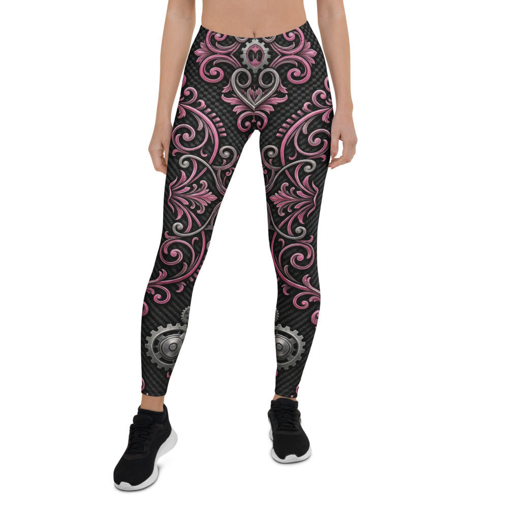 Personalisierte Damen Sportleggings Schwarz Pink Ornament Muster Fitness Leggings Steampunk Design Yoga Hose J906