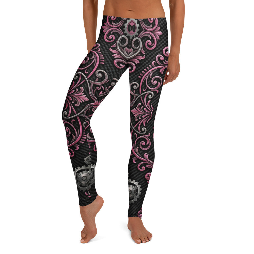 Personalisierte Damen Sportleggings Schwarz Pink Ornament Muster Fitness Leggings Steampunk Design Yoga Hose J906