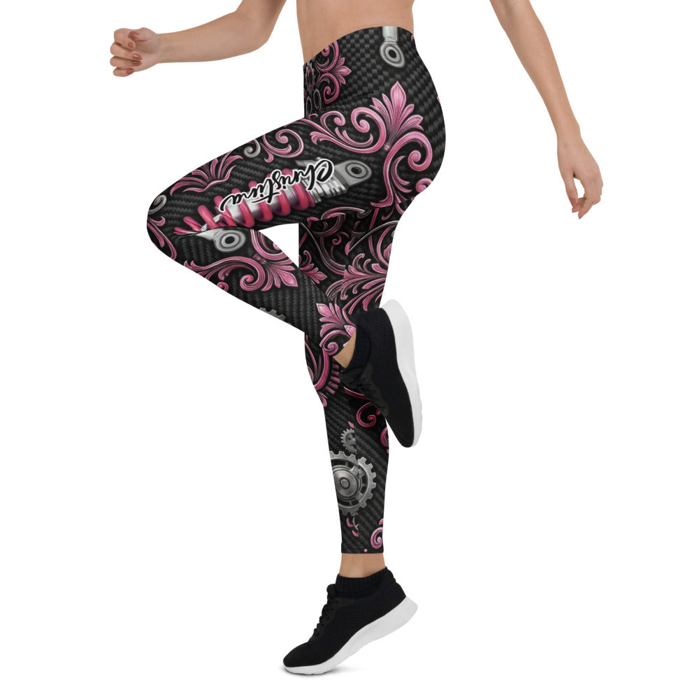 Personalisierte Damen Sportleggings Schwarz Pink Ornament Muster Fitness Leggings Steampunk Design Yoga Hose J906