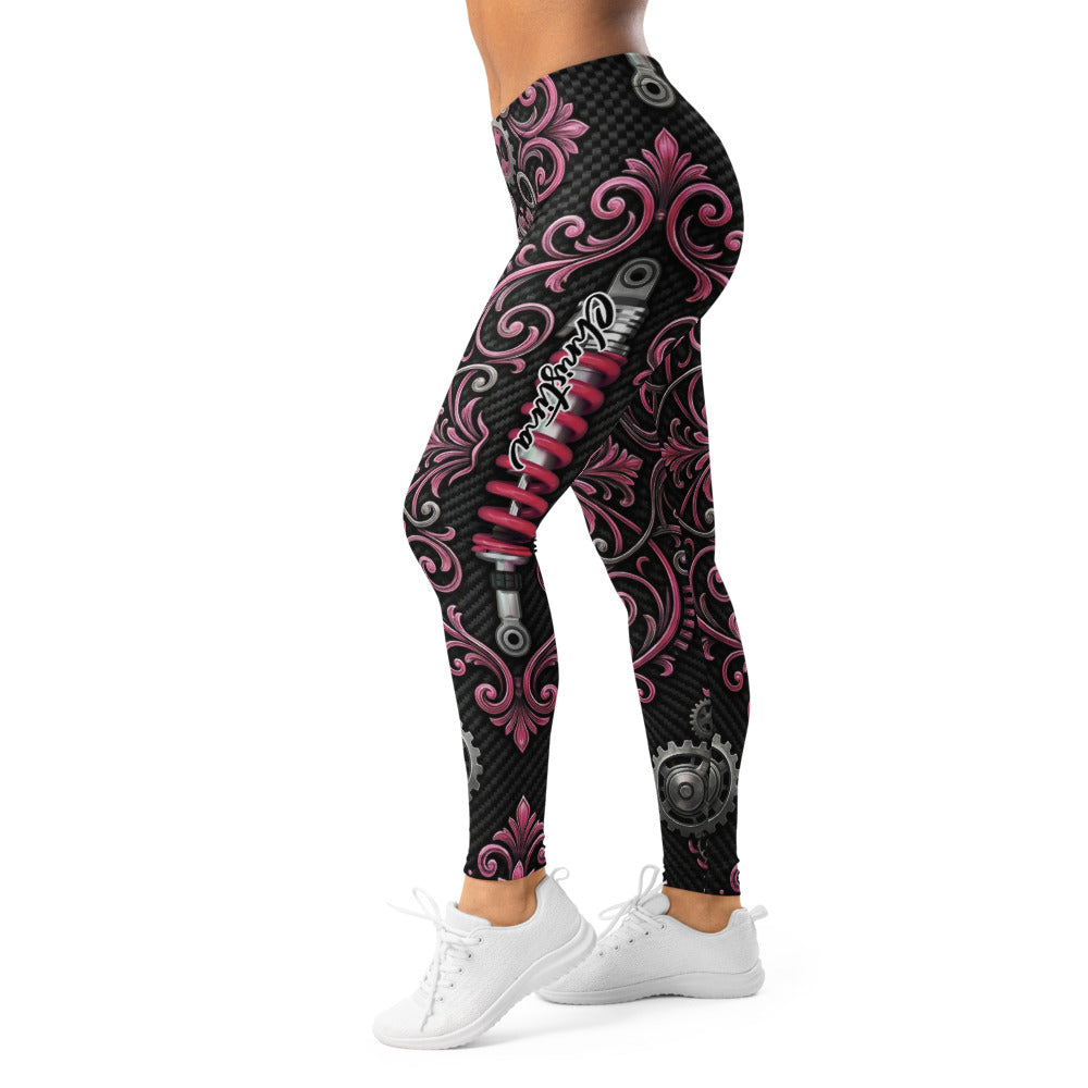 Personalisierte Damen Sportleggings Schwarz Pink Ornament Muster Fitness Leggings Steampunk Design Yoga Hose J906
